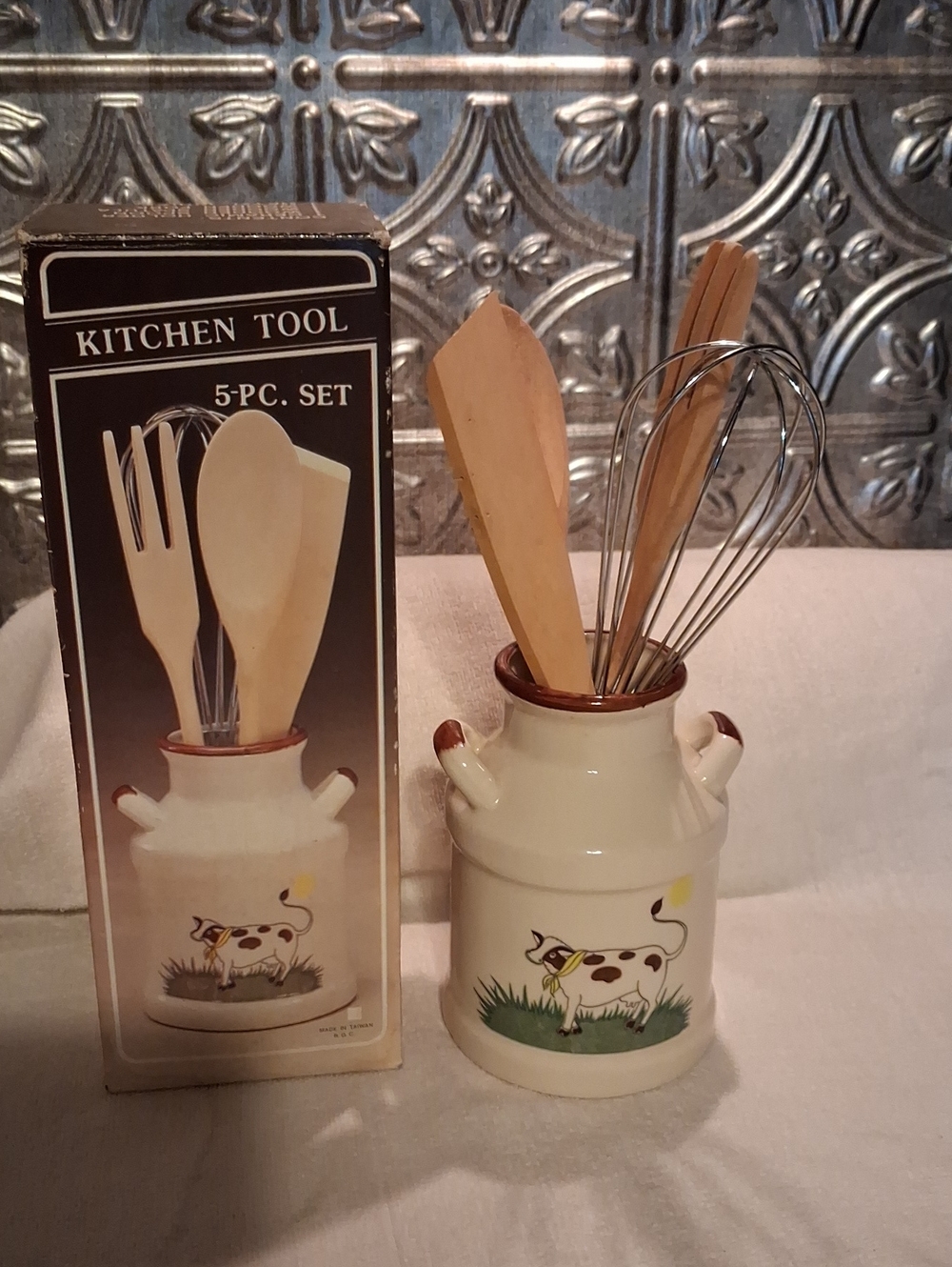 Vintage Cream Ceramic Utensil Crock with Cow Motif